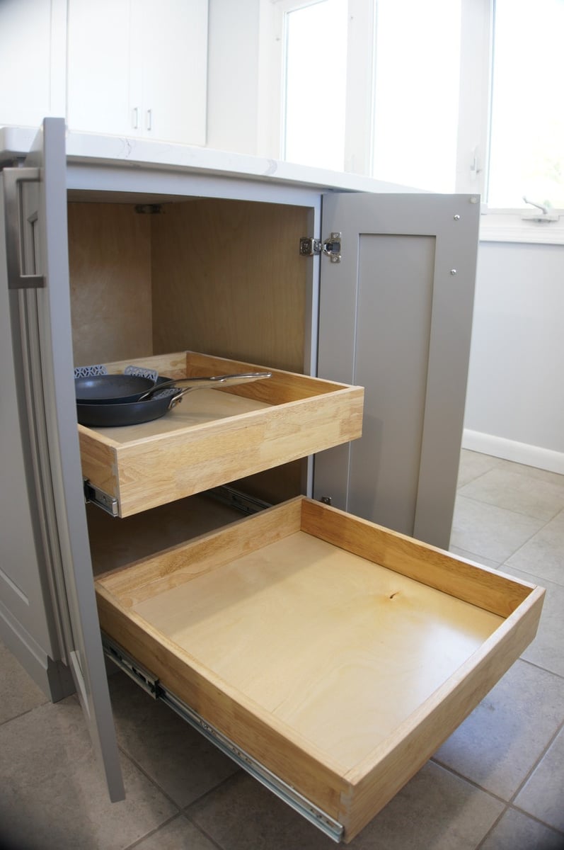 Pull-out wooden drawers in lower cabinet for Kitchen Remodel in Munster